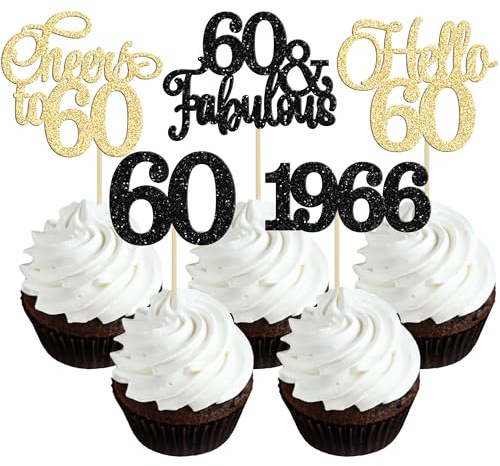 Gyufise 30Pcs 60th Birthday Cupcake Toppers 60 Fabulous Cupcake Picks Cheers to 60 1966 Cake Decorations for Happy 60th Birthday Wedding Anniversary Party Decoration Supplies Gold Black
