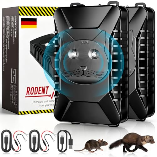 Gropfaros Marderschreck Auto, Maderschrecker Auto mit 12V Batterieanschluss für Motorraum inkl. Montagematerial - Ultraschall Marderabwehr, Marderschutz, Marder Vertreiben 2 Pack Schwarz