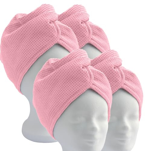 ELEXACARE Haarturban mit Knopf, Mikrofaser, 4er-Set, rosa | Turbanhandtuch für lange Haare, Waffelstruktur, 28 x 65 cm, Haarhandtuch für Damen, Herren, Kinder