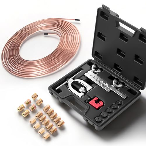 VEVOR Kit di Strumenti per Svasatura Doppia e Singola dei Tubi Freno a 45°, Kit di Riparazione per Tubi Freno Rivestiti in Rame 7,6 mx4,76 mm (16 raccordi e 4 raccordi), con Tagliatubi e 5 Adattatori