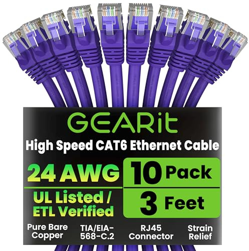 GEARit Cat 6 Ethernet Cable (10-Pack 3 Feet) Cat6 Network Patch, 10Gbps, RJ45, Snagless Cord, Gold-Plated Connectors, Internet for PC, TV, Tablet, Router, Printer, Servers, IT Data Center - Purple