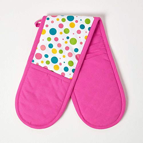 Homescapes Doppelter Ofenhandschuh Polka Dots Multi, pink gelb blau grün ca. 18 x 84 cm, Topfhandschuh doppelt aus 100% reiner Baumwolle mit Polyesterfüllung, waschbarer Doppel-Ofenhandschuh