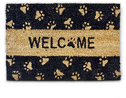 Relaxdays Fußmatte Kokos Motiv TATZE 40 x 60 cm Kokosmatte mit rutschfester PVC Unterlage Fußabtreter aus Kokosfaser als Schmutzfangmatte und Sauberlaufmatte Fußabstreifer für Außen und Innen, schwarz