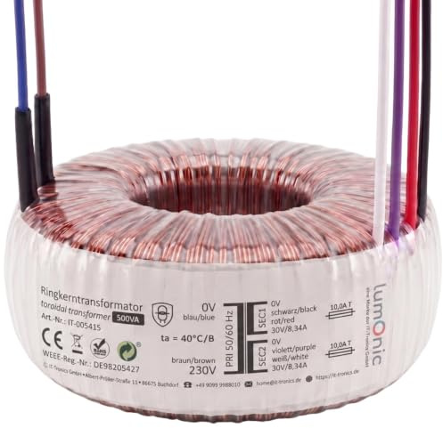 Lumonic transformador toroidal 500VA 2x30V para sistemas de audio, industriales, halógenos y de vía - tensión de entrada 230V - tensión secundaria 60V - modelo RTO-826060