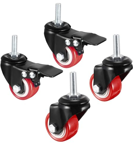 sourcing map 3,8 cm Lenkrollen, PU, 360 Grad Gewinde, M10 x 25 mm, 150 kg Gesamtbelastung, 4 Stück (2 Stück mit Bremse, 2 Stück ohne Bremse)