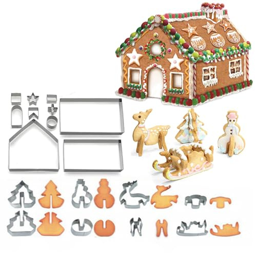 Beylos 18 Pcs 3D Christmas Cake Gingerbread House Cookie Cutters Set(Stainless Steel), Biscuit Tool Baking Molds, Gingerbread House & Christmas Tree Snowman Sleigh Elk Shapes