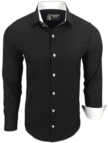 Subliminal Mode Camicia a Maniche Lunghe da Uomo | vestibilità Classica | Comoda e Facile da Lavare | Ideale per L'Ufficio e Le Uscite Informali 444-5 | Nero Bianco 4XL