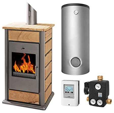 Schmitzker KS3059 Alicante Anthrazit Sunshine II Wasserführender Kaminofen - Komplett-Set mit Kombispeicher 600L, inkl. Isolierung