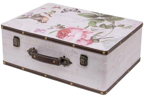 HMF Vintage Deko Koffer aus Holz, Aufbewahrungsbox mit Deckel und Ledergriff, stilvolle Aufbewahrung und Geschenkidee für Hochzeit oder Geburtstag | Rose | 44 x 32 x 16 cm
