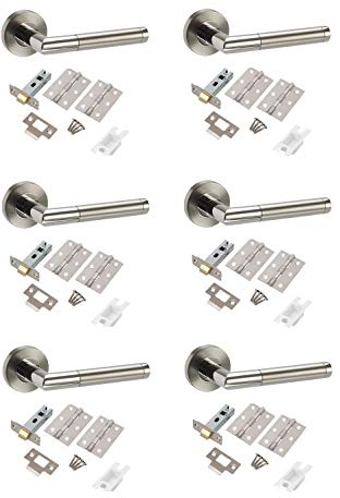 Golden Grace Mitred Door Latch Handles on Rose, Dual Finish 6 Sets | Supplied with fixing screws and spindle for easy installation, featuring a modern round profile and concealed fixings.