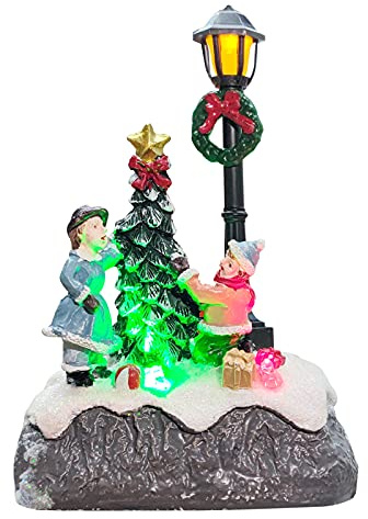 Escena navideña iluminada LED Escena navideña iluminada decoración Pequeñas decoraciones navideñas de Resina 13cm Figura de resina en miniatura Adornos de farola de árbol Navidad Brillante para mesa