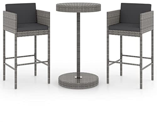 vidaXL Set Muebles Bar Jardín 3 Piezas y Cojines Mesa Silla Asiento Patio Terraza Balcón Barra Bistró Muebles Mobiliario Ratán Sintético Gris