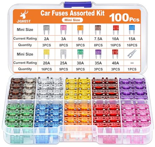JOREST Mini Fusibili Auto Kit - 100Pcs Mini Fusibile + 1Estrattori -11 Specifiche Auto Fusibile Assortiti per Camper/Camion/Moto (2A 3A 5A 7.5A 10A 15A 20A 25A 30A 35A 40A)