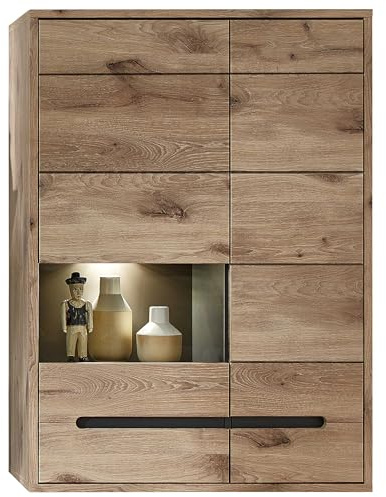 Stella Trading BELLANO - Vitrina Colgante en Aspecto de Roble Vikingo, Grafito, Moderna Vitrina con iluminación led y Mucho Espacio de Almacenamiento, 90 x 126 x 38 cm (Ancho x Alto x Profundo)