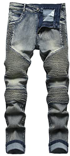 COOSVEN Men Ripped Jeans, Slim Fit Straight Leg, Denim Pants with Holes, Distressed Blue Biker - Stretch, 32