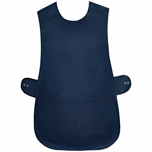 Womens Tabard Apron Ladies Tabards Home Work Kitchen Cleaning Chef Catering Cleaners Workwear Poly Cotton Overall Aprons Large Pocket Tabbard Side Stud Buttons Fastening (Same Piping Edge Navy,WMS)
