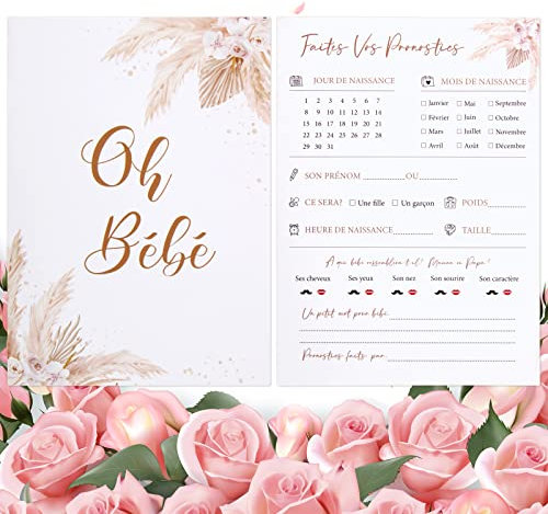 GEBETTER 20 Carte Pronostic Baby Shower Français Jeu Naissance Gender Reveal Fête Prénatale Cadeau Souvenir Mixte pour Bébé Fille Garçon Future Maman