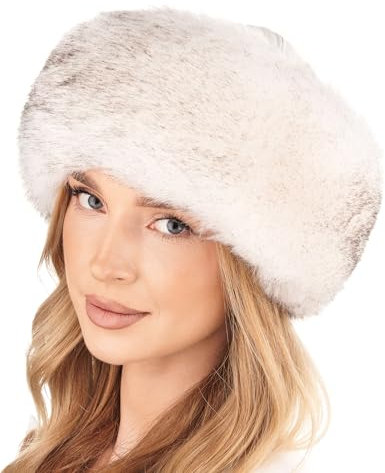 Futrzane Siberian Mütze mit Fellrand - Fellmütze Damen - Pelz und Leder Hut (M, Weiß - Weiß mit Schwarz Siberian)