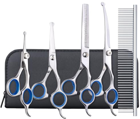EVERESTA Lot de 5 ciseaux de toilettage pour chien avec pointes rondes de sécurité, kit de toilettage en titane robuste, ciseaux à effiler professionnels, ciseaux droits avec peigne pour chiens et