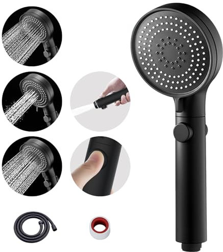 MIAOHUI Schwarz Duschkopf Druckerhöhend, Handbrause mit 3 Strahlarten, Wassersparend Hochdruck Duschkopf mit Wasserstop Funktion, Duschbrause mit Schlauch und Teflonband