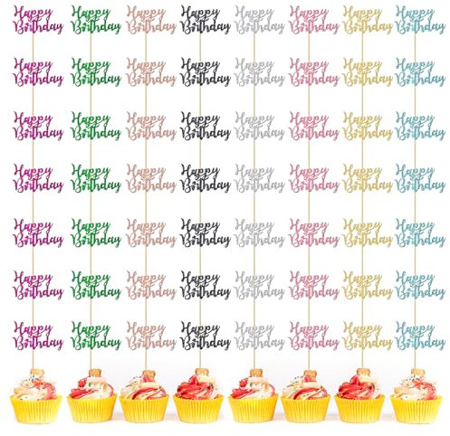 64 Pcs Cupcake Toppers - 8 Colors Glitter, Happy Birthday Cake Decorations & Signs for Birthday Party Supplies