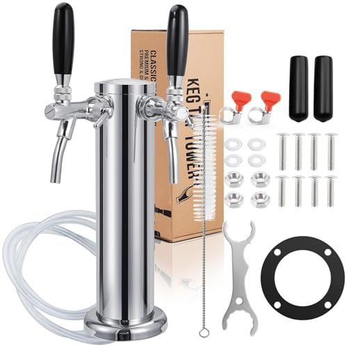 Imaictuu Adjustable Kegerator Tower, Dual Tap Beer Tower Kegerator Parts | Flow Control, 304 Stainless Steel Core Beer Faucet, Includes Pre-Assembled Tubing and Self-Closing Springs