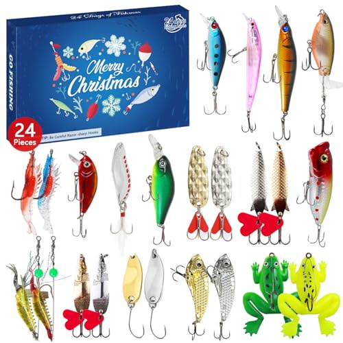 Weihnachtsferien Adventskalender 2025 Angel Männer,Angelgerät Weihnachtskalender Köder Set, 2025 Deluxe Raubfisch Angler, für 24 Tage Countdown Angelliebhaber