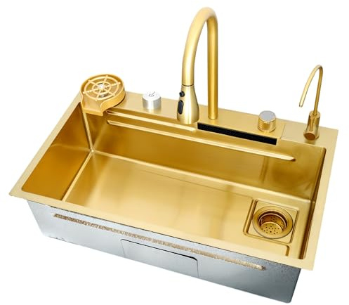 AIVANOTO Goldene Küchenbar-Spüle, Küchenspüle Aus Edelstahl Mit Wasserfall-Effekt, Integriertes Spülbecken, Mit Ausziehbarem Wasserhahn, Tassenspüler, Ablaufgarnituren(68x45x22cm)