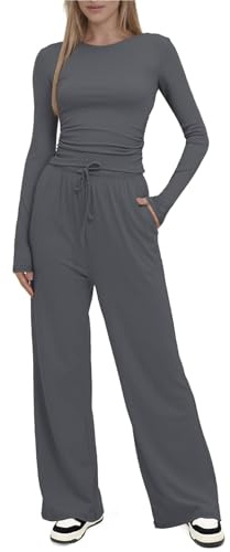 SotRong Womens 2 Piece Loungewear Set Long Sleeve Crop Top & Wide Leg Pants Comfy Casual Drawstring Leisure Outfit Cozy Cotton Pyjama Set for Home Yoga Travel Light Grey XL
