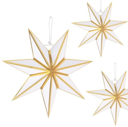 3er Papiersterne Weihnachten Set - 30 cm - Weiß & Gold Weihnachtskugeln,Faltstern Weihnachten Papier Stern Weihnachts Deko,7 Zackig Stern zum Aufhängen für Weihnachtsdeko,Fensterdeko,Geburtstag
