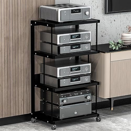 Supporto per giradischi a 4 ripiani con spazio per dischi in vinile per soggiorno, tavolo per giradischi, con spazio per album, per home theater, lettore DVD, console di gioco, router WiFi (nero)