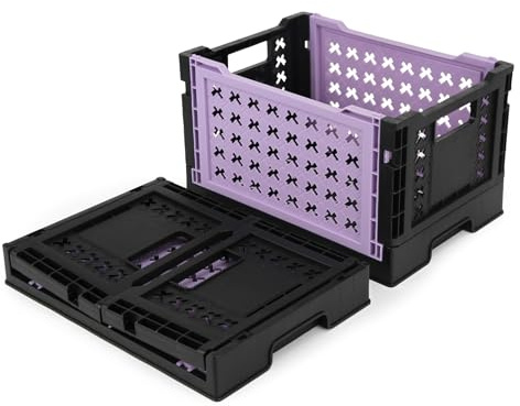 Spesh 2 Pcs Collapsible Crates Storage Boxes Plastic Foldable Crates Stackable Storage Baskets for Home Kitchen Office(Black & Purple, 30x22x18cm)