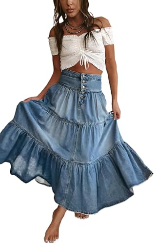 SUIUOI Gonna in denim a linea A, gonna in jeans con strati di tulle, gonna lunga in jeans in stile tutu, Blu, L