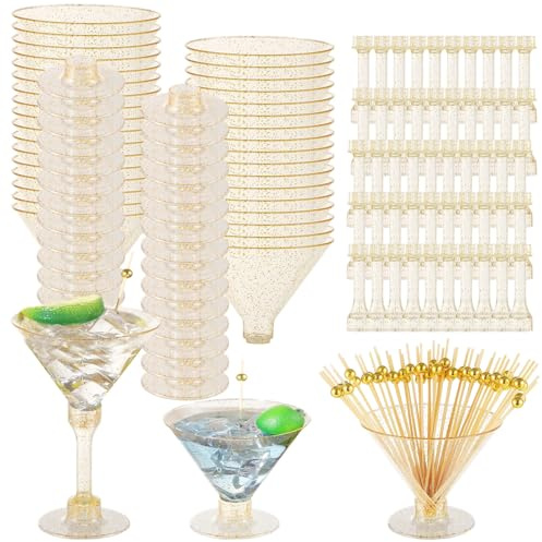 Bosreroy Lot de 50 verres à cocktail jetables en plastique doré pailleté avec pics à fruits pour fête et mariage