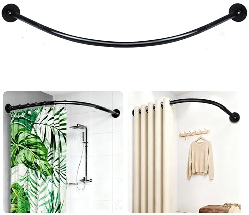 ZAIONE L-Shaped Shower Curtain Rail: Adjustable 90-130 x 90-130cm Corner Curved Black Curtain Pole Rod Drill Or No Drill