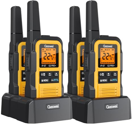 Gaswei G2Pro+ Heavy-Duty Walkie Talkies IP67 Waterproof Two-Way Radios with NOAA Weather Alert & Floating | 2-Watt Long Range for Job Sites, Hunting | Dual PTT, FM Radio, SOS, VOX​（4pack）