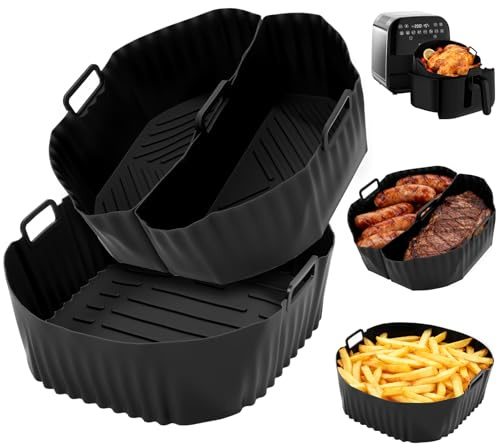 Zorplex Accesorios Freidora de Aire Molde de Silicona 19-23cm, Inserto Airfryer Redondo Reutilizable, Recipiente Antiadherente para Hornear Cocinar Asar, Sustituye Papel Pergamino (3 Negro)