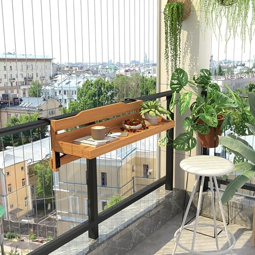 Tavolo da balcone regolabile in legno pieghevole da appendere, mensola per piante da giardino, ringhiera per terrazza, finitura naturale (120 cm), perfetto per spazi esterni e fioriere