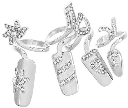Gatuida Anillos para Uñas de Mujer Diseño de Aleación y Gemas de Imitación Plata, 4 Piezas Fáciles de Usar para Boda y Fiesta Elegante