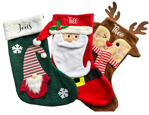 Generisch Personalisierte Weihnachtsstrümpfe aus Filz, Jute oder Plüsch, Nikolausstrumpf mit 3D Design, Rot und Grau, handgefertigte Weihnachtsdekoration mit Namen und Festlichen Motiven