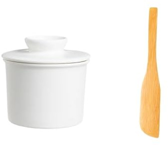 GLigeT Versatile Round Butter Box Ceramic Storage Jar Cheese Cup Knife Kitchenware Practical(White)