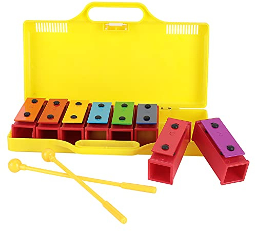 KIMISS 8-Noten-Xylophon für – Professionelles Glockenspiel mit 2 Trommelstöcken und Bunten Beweglichen Stäben in Gelber Box – E Onales Musikspielzeug