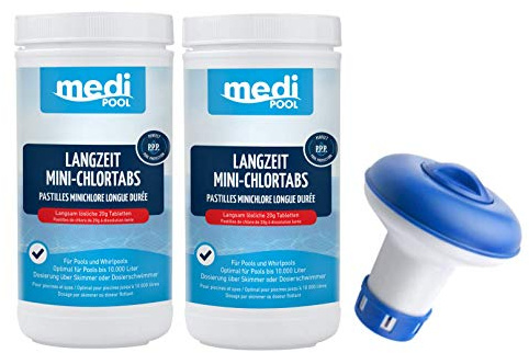Medipool Langzeit MiniChlorTabs 20 g Chlor-Tabletten für Poolwasser, langsam löslich, hoher Aktivchlorgehalt, 2 x 1 kg mit Minidosierer
