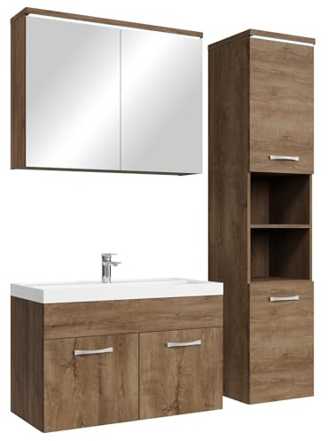 Badplaats B.V. Badezimmer Badmöbel Set Paso LED 80cm Waschbecken Braun Eiche - Unterschrank Hochschrank Waschbecken Spiegelschrank