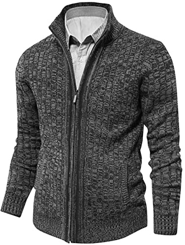 AOLI RAY Herren Strickjacke Stehkragen Cardigan mit Reißverschluß und Taschen Feinstrike Pullover Grau L