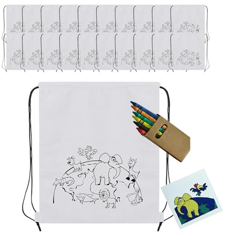 FUN FAN LINE - Målarryggsäckar för Barn med Kit av Vaxkritor | Återanvändbara Tygpåsar för Fester, Födelsedagar och Skolpresenter (20 barnryggsäckar)