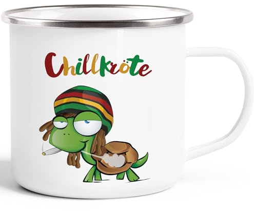 MoonWorks® Emaille Tasse Becher Chillkröte Schildkröte Rastafrisur Joint Comic Stil Kaffeetasse Fun-Tasse weiß-metall Emailletasse