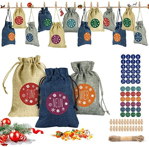 Adventskalender zum Befüllen, 24 Weihnachtskalender Stoffsäckchen zum Selberfüllen, mit Zahlen Aufkleber Mini Holzklammern und Hanfseile, Jutesäckchen zum selber befüllbar und Aufhängen Bastelset