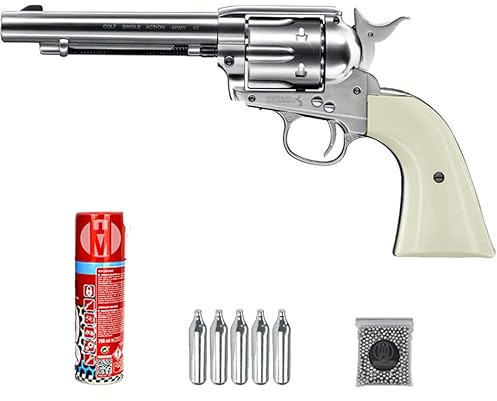 Revólver de balines Colt SAA 45-Nickel 5,5 CO2 | Arma Corta 'del Oeste' Single Action Army (Peacemaker) + Aceite + CO2 + perdigones BB's de Acero