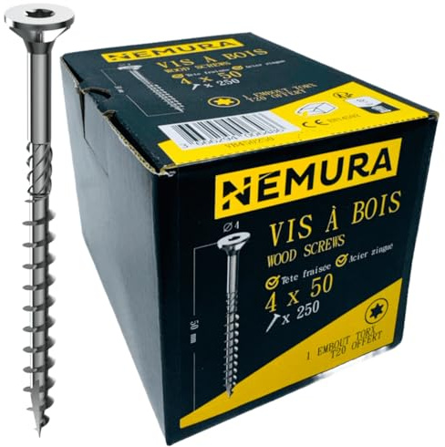 Nemura Lot de 500 Vis à Bois 4 x 50 mm - en Acier Zingué à Tête Fraisée - vis à bois Torx - Visses Spéciales pour Bois et Aggloméré- Haute Qualité Durable - Marque Francaise